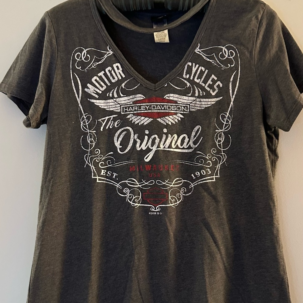 Harley-Davidson Black V-Neck Tee with White & Red Graphic
